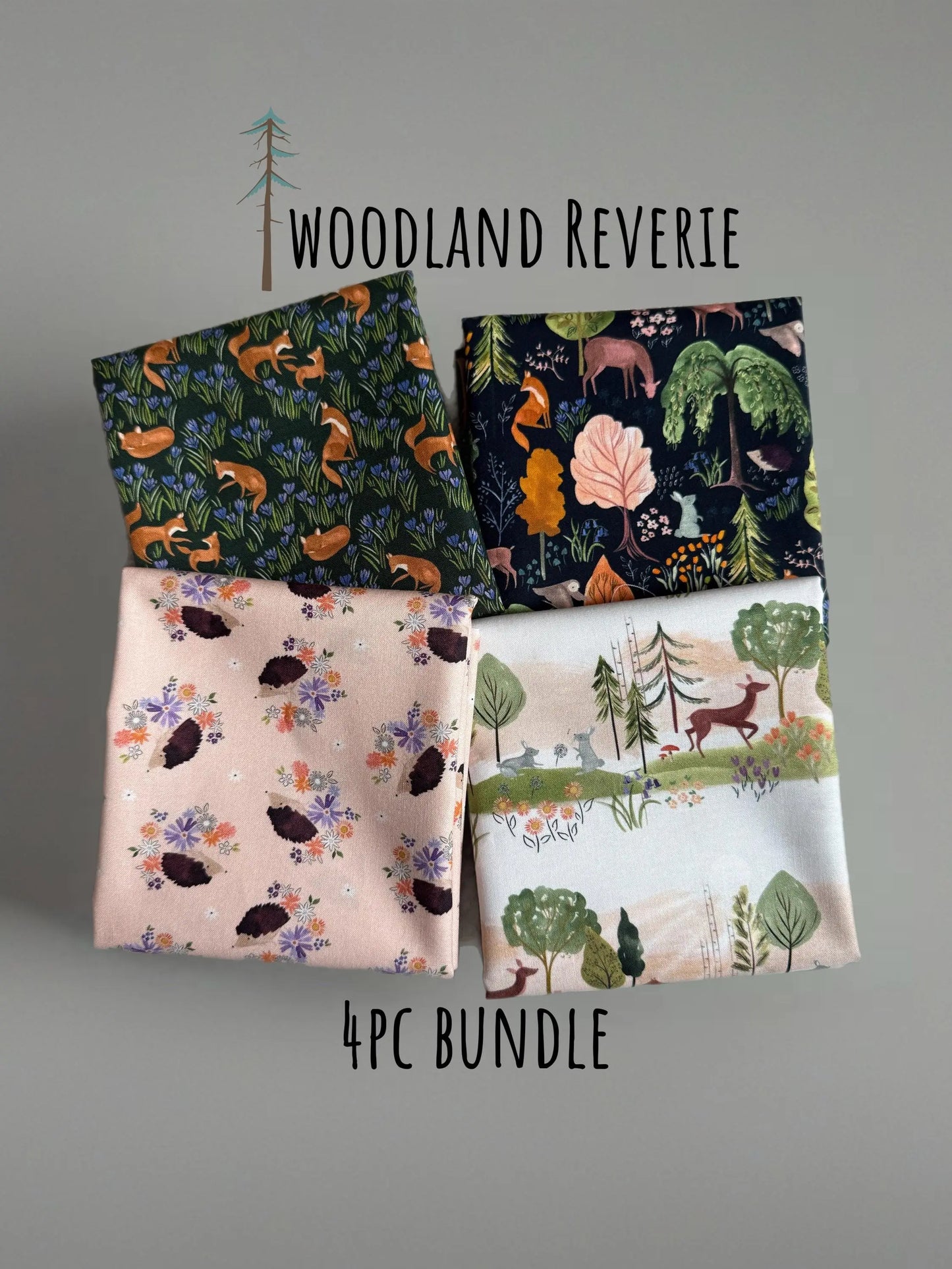 Woodland Reverie Fabric Bundle | Dear Stella by Fay Nye | Fox Deer Hedgehog Cotton Fabric | 4 Piece Fat Quarter or Half Yard Set