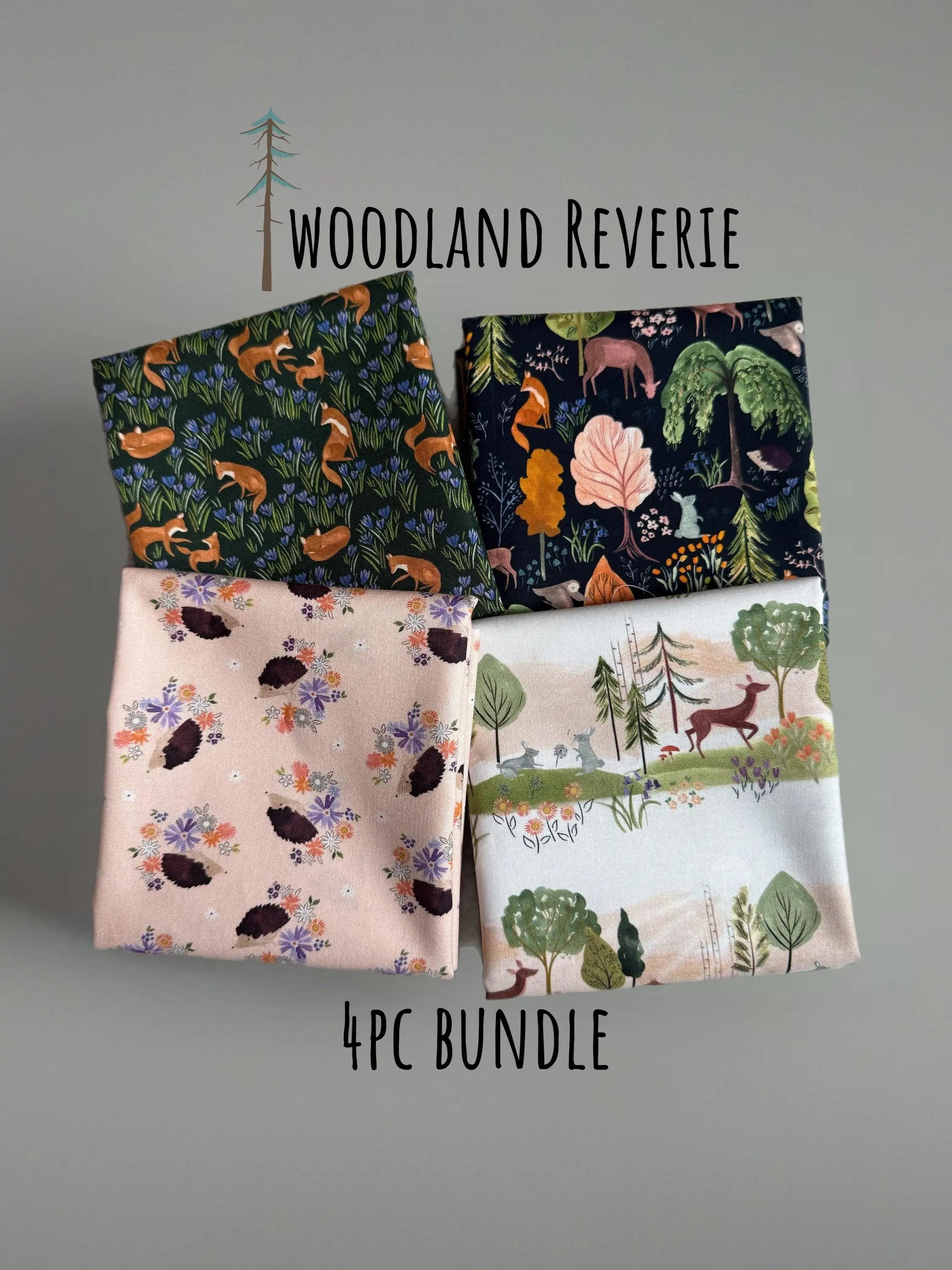 Woodland Reverie Fabric Bundle | Dear Stella by Fay Nye | Fox Deer Hedgehog Cotton Fabric | 4 Piece Fat Quarter or Half Yard Set