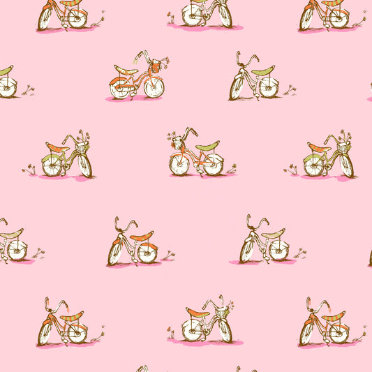 Heather Ross Dream Bike Fabric Pink | Studio Edit for Windham Fabrics | Vintage Bicycle Cotton Quilt Fabric by the Yard