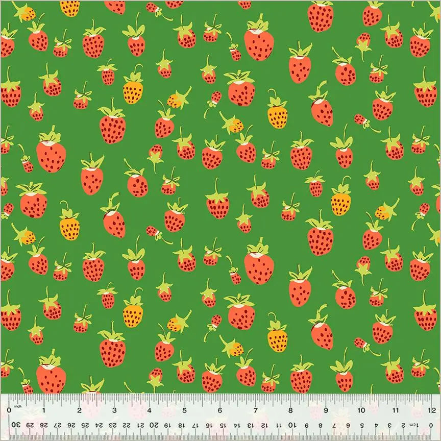 Heather Ross Strawberries Fabric Green | Studio Edit for Windham Fabrics | Cute Strawberry Cotton Quilt Fabric by the Yard