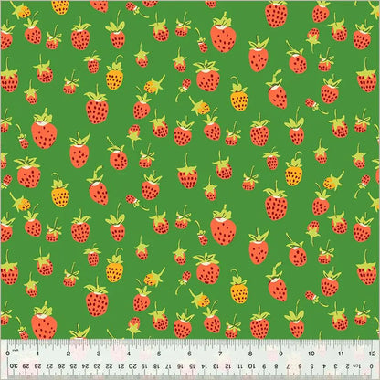 Heather Ross Strawberries Fabric Green | Studio Edit for Windham Fabrics | Cute Strawberry Cotton Quilt Fabric by the Yard