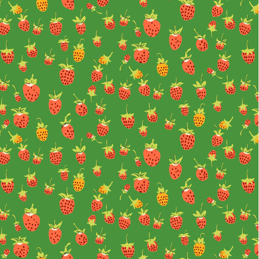 Heather Ross Strawberries Fabric Green | Studio Edit for Windham Fabrics | Cute Strawberry Cotton Quilt Fabric by the Yard