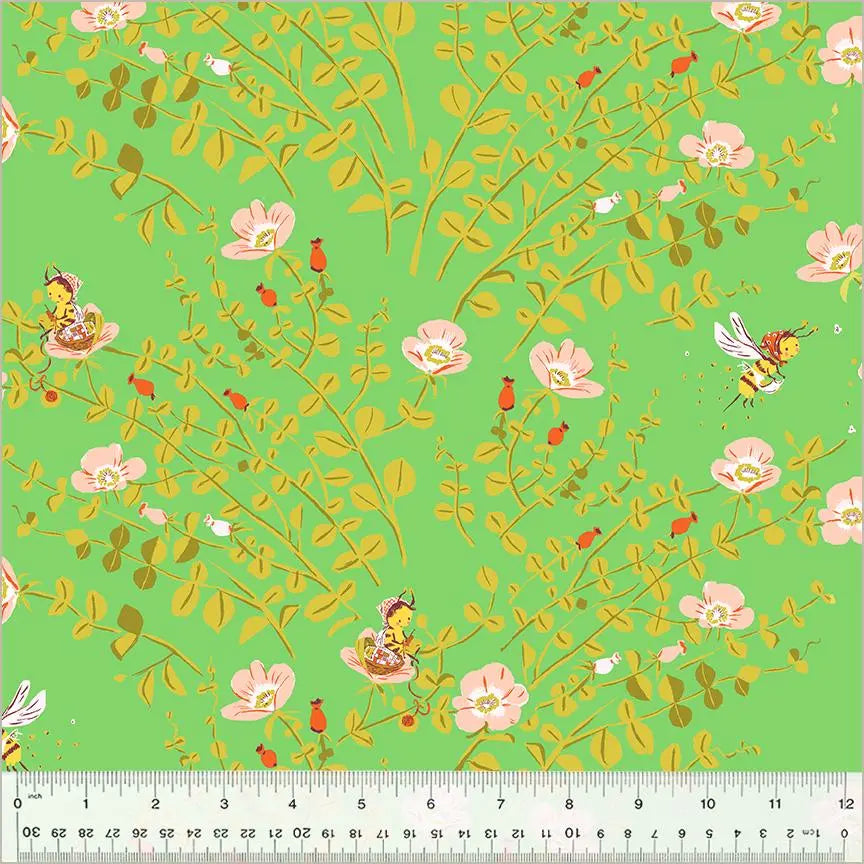 Heather Ross Nanny Bee Fabric Green | Studio Edit for Windham Fabrics | Whimsical Bee Floral Cotton Quilt Fabric by the Yard