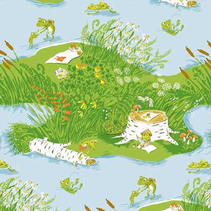 Heather Ross Frog Pond Fabric Blue | Studio Edit for Windham Fabrics | Whimsical Frog Cotton Quilt Fabric by the Yard