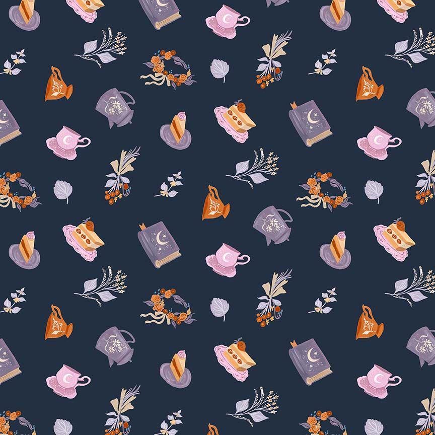 Fairy Solstice – Party Time Iris Fabric | Rae Ritchie for Dear Stella | Navy Celestial Tea Party Cotton | Yardage