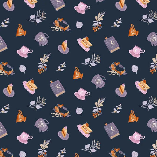 Fairy Solstice – Party Time Iris Fabric | Rae Ritchie for Dear Stella | Navy Celestial Tea Party Cotton | Yardage