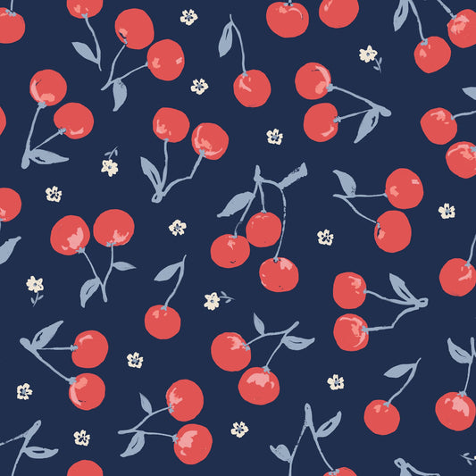 Cherries Navy Fabric by the Yard | Alison Janssen Jubilant | Cloud9 Organic Cotton | Cherry Quilt Fabric | 44 Inch Wide