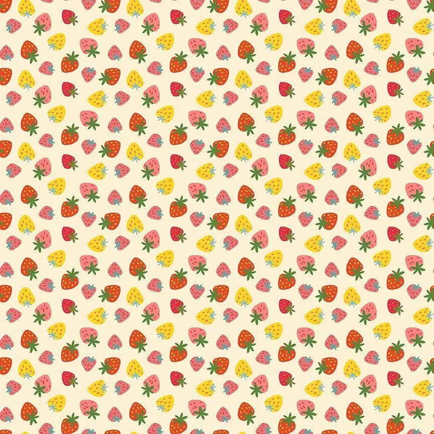 Purrberries Vanilla Cotton Fabric | Dear Stella Furruit Platter | Strawberry Print Quilt Fabric | Cream Background Fabric | LEEZAWORKS