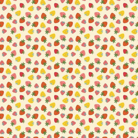 Purrberries Vanilla Cotton Fabric | Dear Stella Furruit Platter | Strawberry Print Quilt Fabric | Cream Background Fabric | LEEZAWORKS