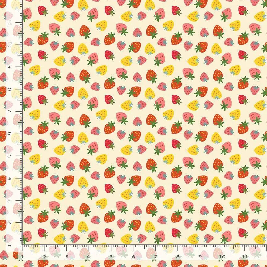 Purrberries Vanilla Cotton Fabric | Dear Stella Furruit Platter | Strawberry Print Quilt Fabric | Cream Background Fabric | LEEZAWORKS