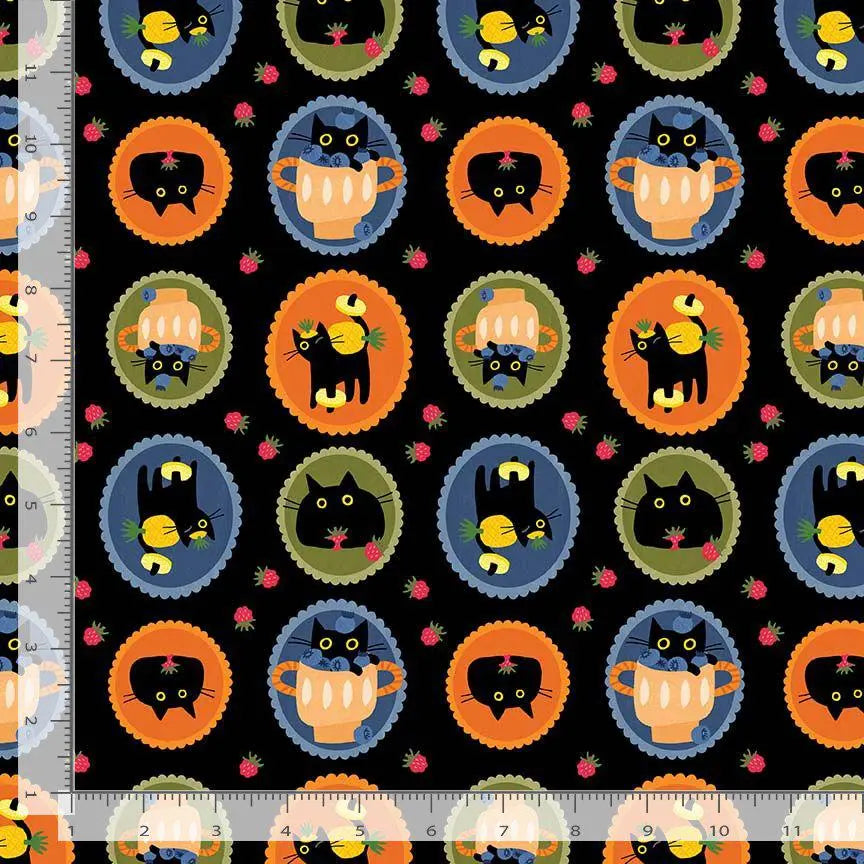 Purrfect Pawfait Oil Cotton Fabric | Dear Stella Cat Fabric | Fruit Cat Quilt Fabric | Black Background Fabric | LEEZAWORKS