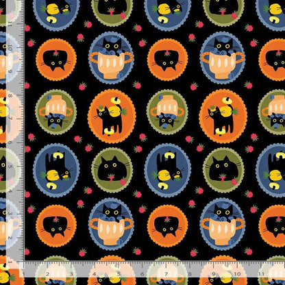 Purrfect Pawfait Oil Cotton Fabric | Dear Stella Cat Fabric | Fruit Cat Quilt Fabric | Black Background Fabric | LEEZAWORKS