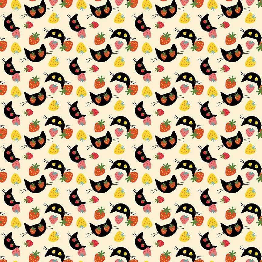 I Pick Mew Vanilla Cotton Fabric | Dear Stella Cat Fabric | Strawberry Cat Quilt Fabric | Furruit Platter | LEEZAWORKS