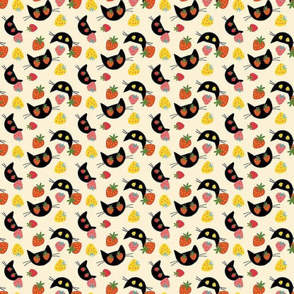 I Pick Mew Vanilla Cotton Fabric | Dear Stella Cat Fabric | Strawberry Cat Quilt Fabric | Furruit Platter | LEEZAWORKS