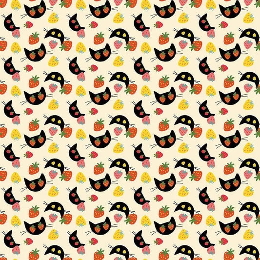 I Pick Mew Vanilla Cotton Fabric | Dear Stella Cat Fabric | Strawberry Cat Quilt Fabric | Furruit Platter | LEEZAWORKS