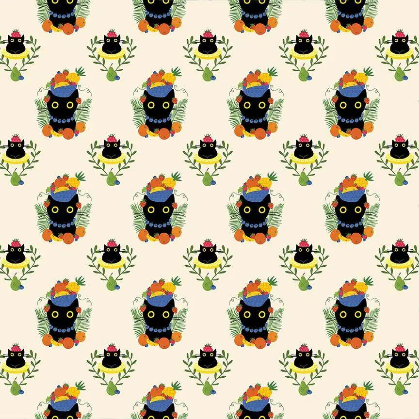 Carmen Purranda Vanilla Cotton Fabric | Dear Stella Cat Fabric | Furruit Platter Quilt Fabric | LEEZAWORKS | Cream Background Fabric