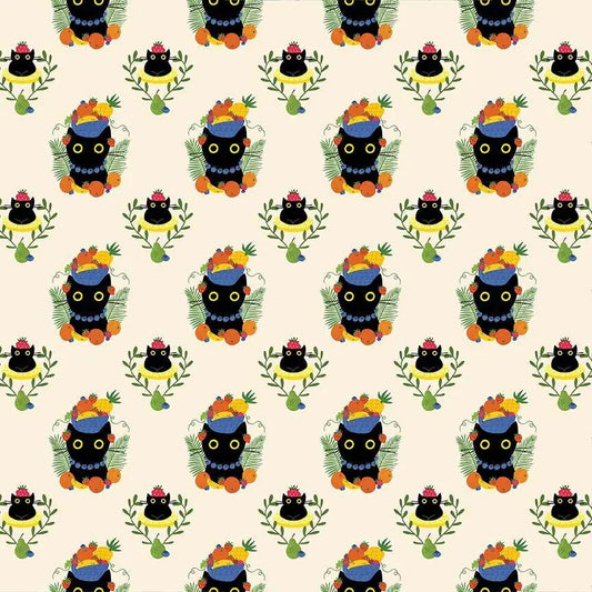 Carmen Purranda Vanilla Cotton Fabric | Dear Stella Cat Fabric | Furruit Platter Quilt Fabric | LEEZAWORKS | Cream Background Fabric