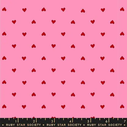 Ruby Star Society Trinketry Hearts Flamingo Fabric | Melody Miller Red Hearts on Pink | Quilting Cotton Half Yard or Yard