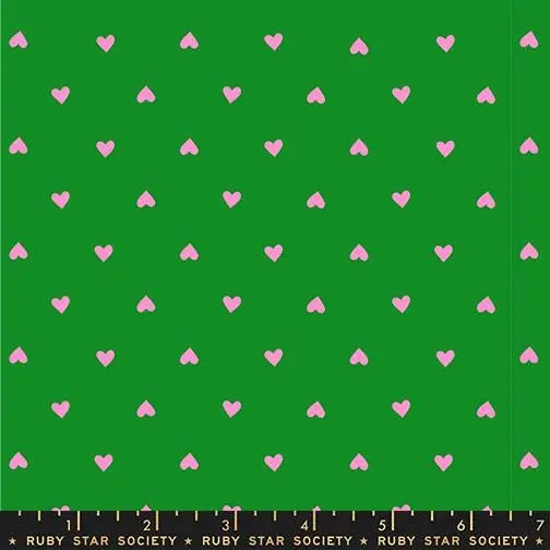 Ruby Star Society Trinketry Hearts Deep Verdant Fabric | Melody Miller Pink Hearts on Green | Quilting Cotton Half Yard or Yard