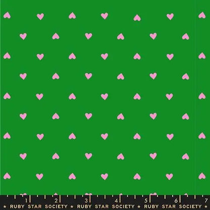 Ruby Star Society Trinketry Hearts Deep Verdant Fabric | Melody Miller Pink Hearts on Green | Quilting Cotton Half Yard or Yard