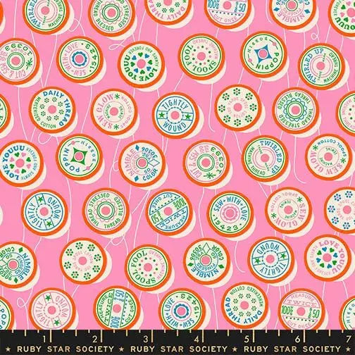Ruby Star Society Trinketry Spools Flamingo Fabric | Melody Miller Retro Thread Spools | Quilting Cotton Half Yard or Yard