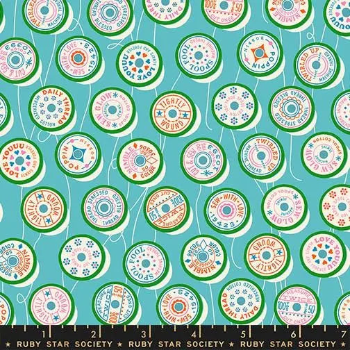 Ruby Star Society Trinketry Spools Turquoise Fabric | Melody Miller Retro Thread Spools | Quilting Cotton Half Yard or Yard