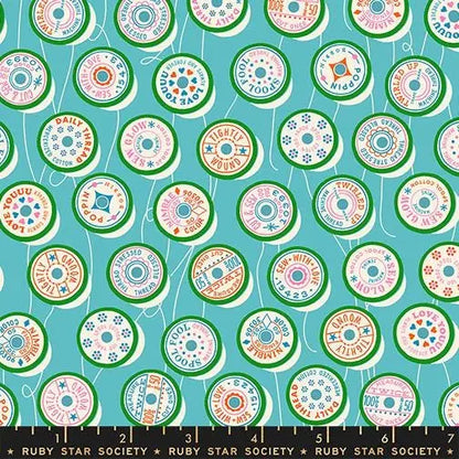 Ruby Star Society Trinketry Spools Turquoise Fabric | Melody Miller Retro Thread Spools | Quilting Cotton Half Yard or Yard