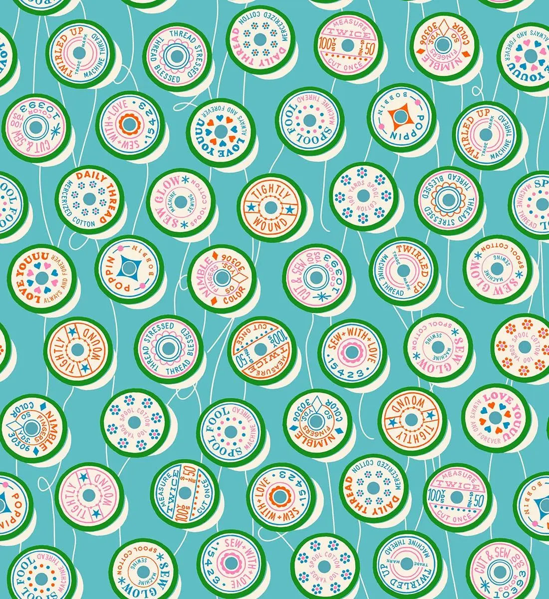Ruby Star Society Trinketry Spools Turquoise Fabric | Melody Miller Retro Thread Spools | Quilting Cotton Half Yard or Yard