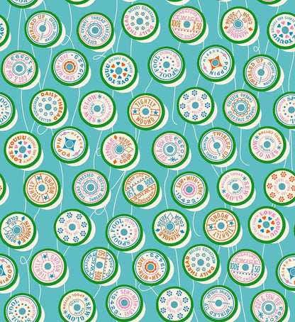 Ruby Star Society Trinketry Spools Turquoise Fabric | Melody Miller Retro Thread Spools | Quilting Cotton Half Yard or Yard