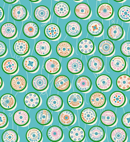 Ruby Star Society Trinketry Spools Turquoise Fabric | Melody Miller Retro Thread Spools | Quilting Cotton Half Yard or Yard