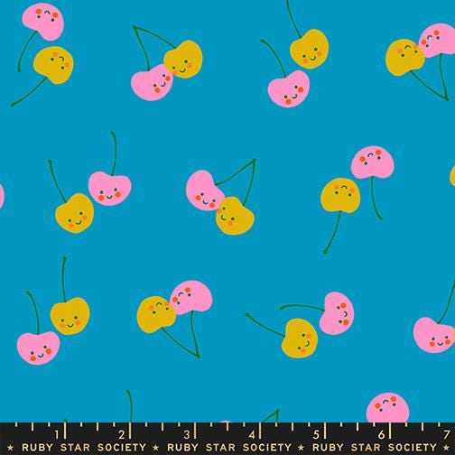Ruby Star Society Trinketry Cherry Friends Bright Blue Fabric | Melody Miller Cute Cherry Print | Quilting Cotton Half Yard or Yard