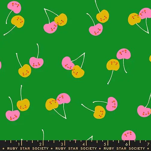 Ruby Star Society Trinketry Cherry Friends Deep Verdant Fabric | Melody Miller Cute Cherry Print | Quilting Cotton Half Yard or Yard