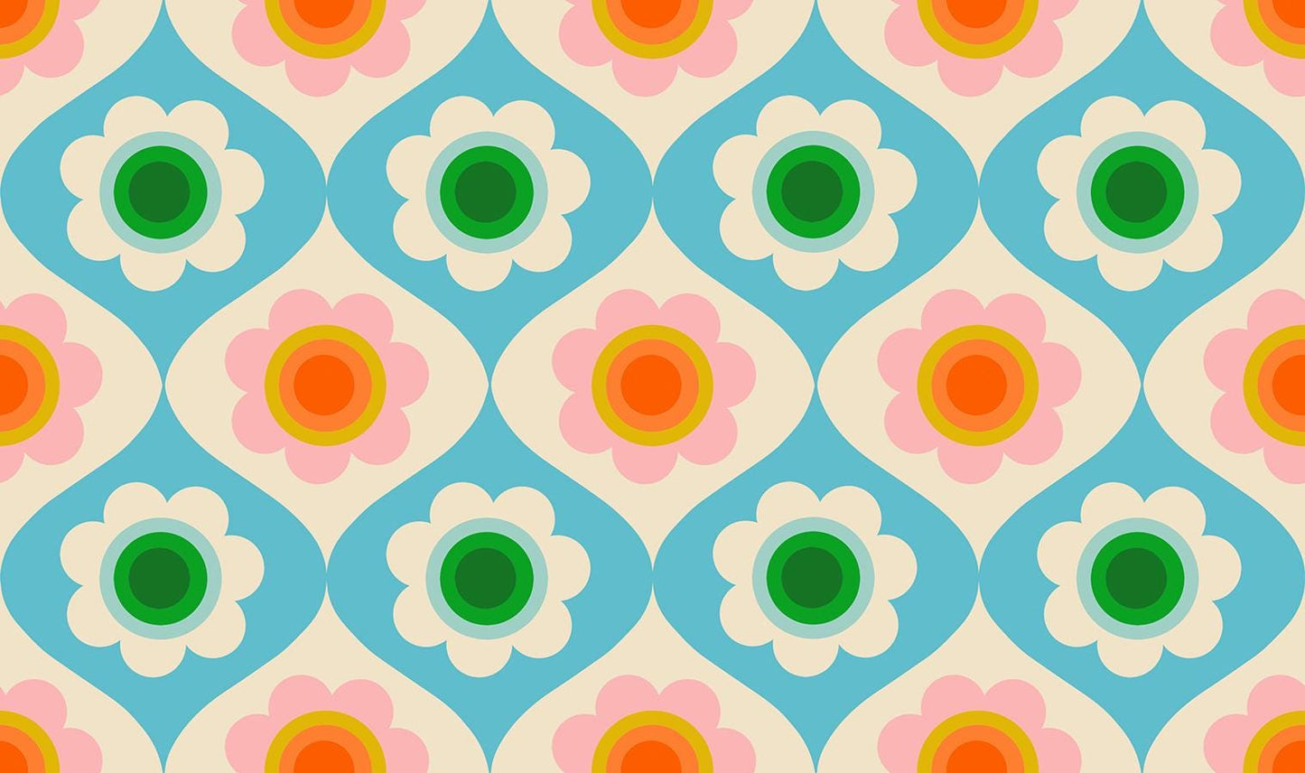 Ruby Star Society Trinketry Floral Turquoise Fabric | Melody Miller Retro Flower Print | Quilting Cotton Half Yard or Yard