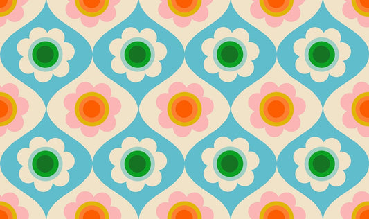 Ruby Star Society Trinketry Floral Turquoise Fabric | Melody Miller Retro Flower Print | Quilting Cotton Half Yard or Yard