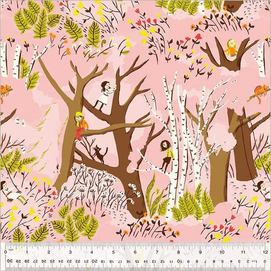 Heather Ross Girls in Trees Fabric Pink | Studio Edit for Windham Fabrics | Whimsical Children Cotton Quilt Fabric by the Yard