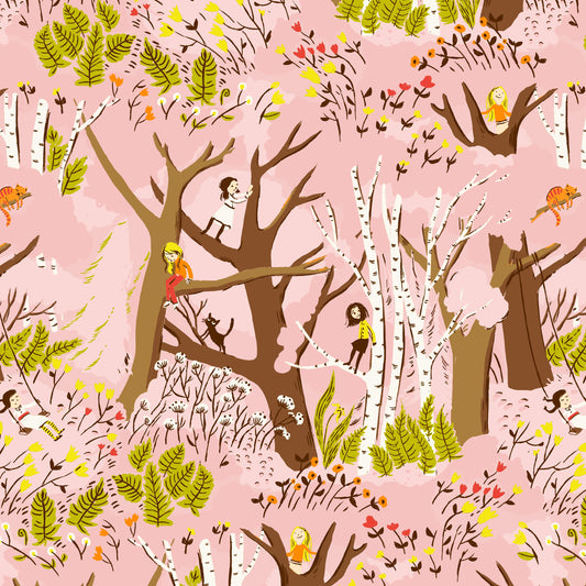 Heather Ross Girls in Trees Fabric Pink | Studio Edit for Windham Fabrics | Whimsical Children Cotton Quilt Fabric by the Yard
