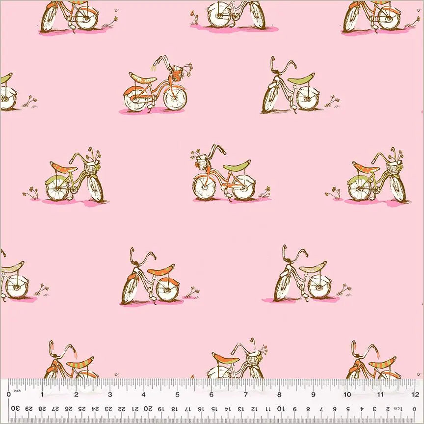 Heather Ross Dream Bike Fabric Pink | Studio Edit for Windham Fabrics | Vintage Bicycle Cotton Quilt Fabric by the Yard