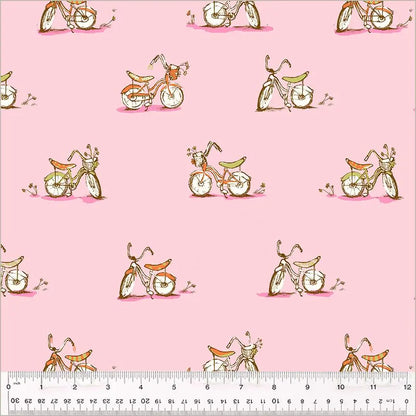 Heather Ross Dream Bike Fabric Pink | Studio Edit for Windham Fabrics | Vintage Bicycle Cotton Quilt Fabric by the Yard