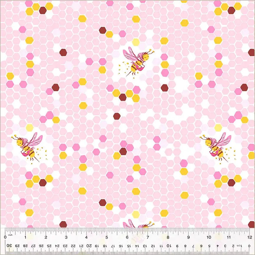 Heather Ross Hex Bee Fabric Pink | Studio Edit for Windham Fabrics | Honeycomb Bee Cotton Quilt Fabric by the Yard