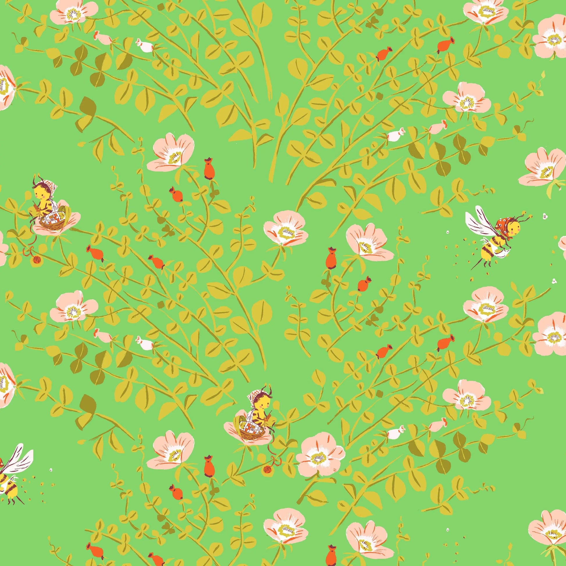 Heather Ross Nanny Bee Fabric Green | Studio Edit for Windham Fabrics | Whimsical Bee Floral Cotton Quilt Fabric by the Yard