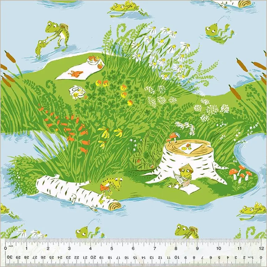 Heather Ross Frog Pond Fabric Blue | Studio Edit for Windham Fabrics | Whimsical Frog Cotton Quilt Fabric by the Yard