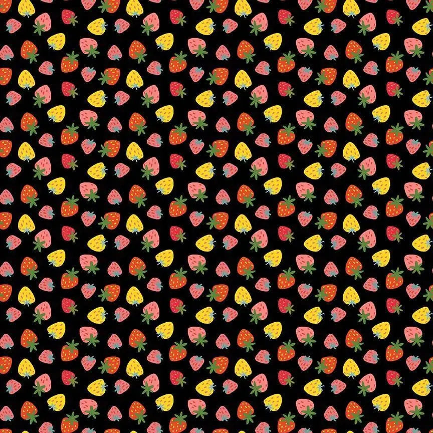 Purrberries Cotton Fabric | Dear Stella Furruit Platter | Strawberry Print Quilt Fabric | Black Background Fabric | LEEZAWORKS
