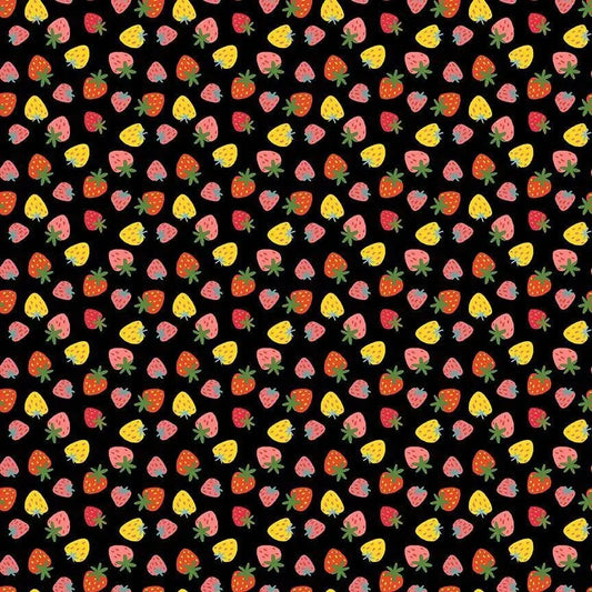 Purrberries Cotton Fabric | Dear Stella Furruit Platter | Strawberry Print Quilt Fabric | Black Background Fabric | LEEZAWORKS
