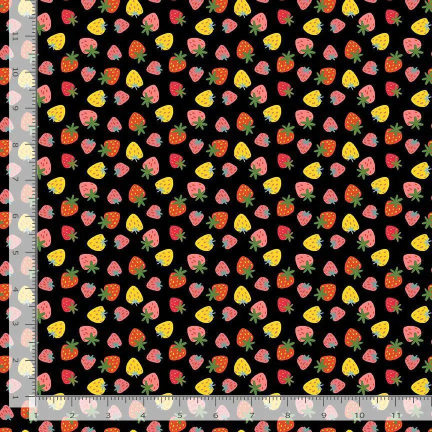 Purrberries Cotton Fabric | Dear Stella Furruit Platter | Strawberry Print Quilt Fabric | Black Background Fabric | LEEZAWORKS