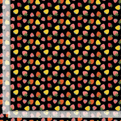 Purrberries Cotton Fabric | Dear Stella Furruit Platter | Strawberry Print Quilt Fabric | Black Background Fabric | LEEZAWORKS