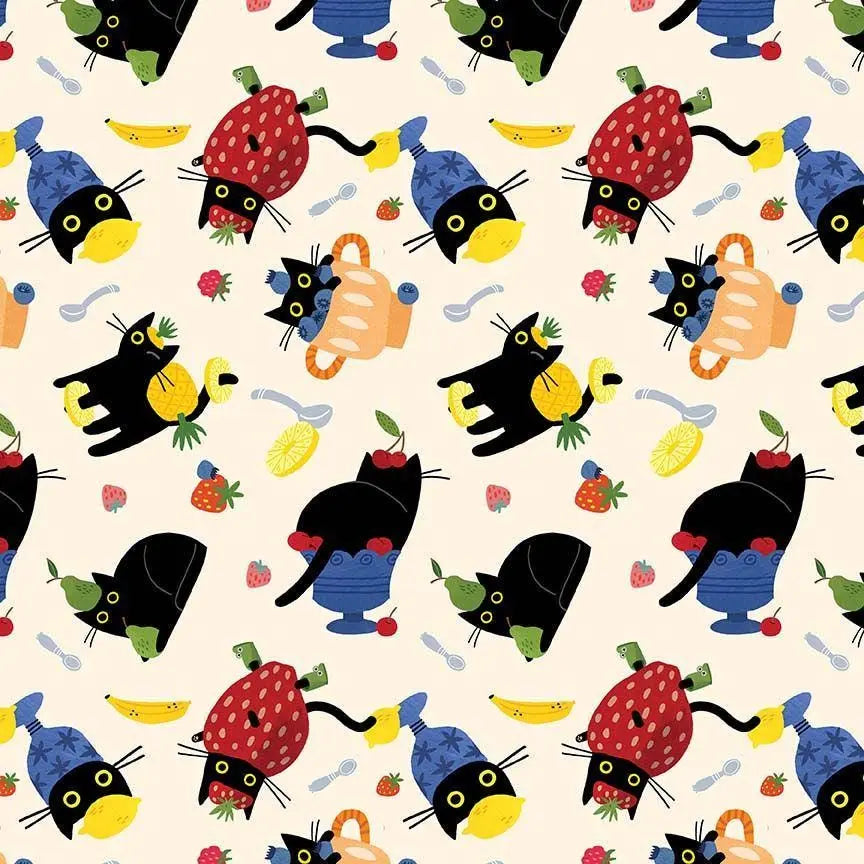 Furruit Platter Vanilla Cotton Fabric | Dear Stella Cat Fabric | Fruit Cat Print Quilt Fabric | LEEZAWORKS | Cream Background Fabric