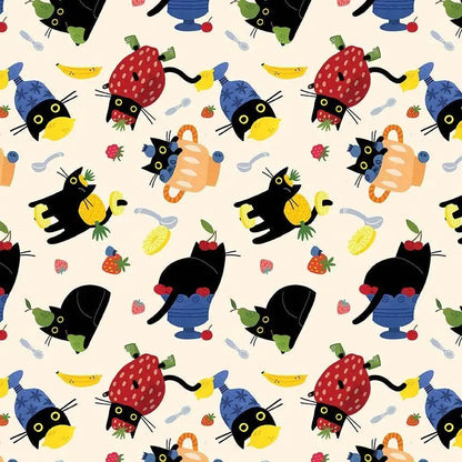 Furruit Platter Vanilla Cotton Fabric | Dear Stella Cat Fabric | Fruit Cat Print Quilt Fabric | LEEZAWORKS | Cream Background Fabric
