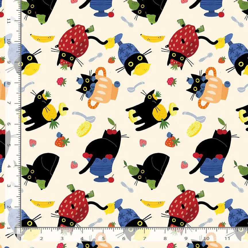 Furruit Platter Vanilla Cotton Fabric | Dear Stella Cat Fabric | Fruit Cat Print Quilt Fabric | LEEZAWORKS | Cream Background Fabric