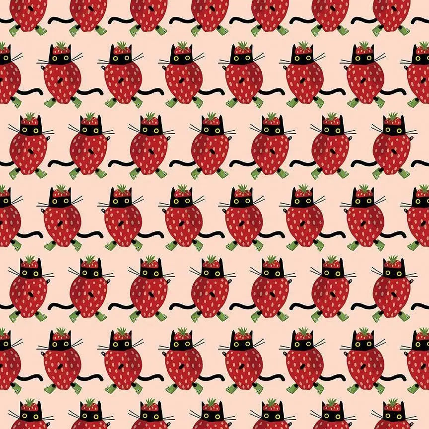 Berry Nice Blush Cotton Fabric | Dear Stella Cat Fabric | Strawberry Cat Quilt Fabric | Furruit Platter | LEEZAWORKS