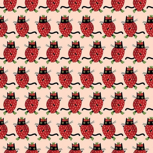 Berry Nice Blush Cotton Fabric | Dear Stella Cat Fabric | Strawberry Cat Quilt Fabric | Furruit Platter | LEEZAWORKS